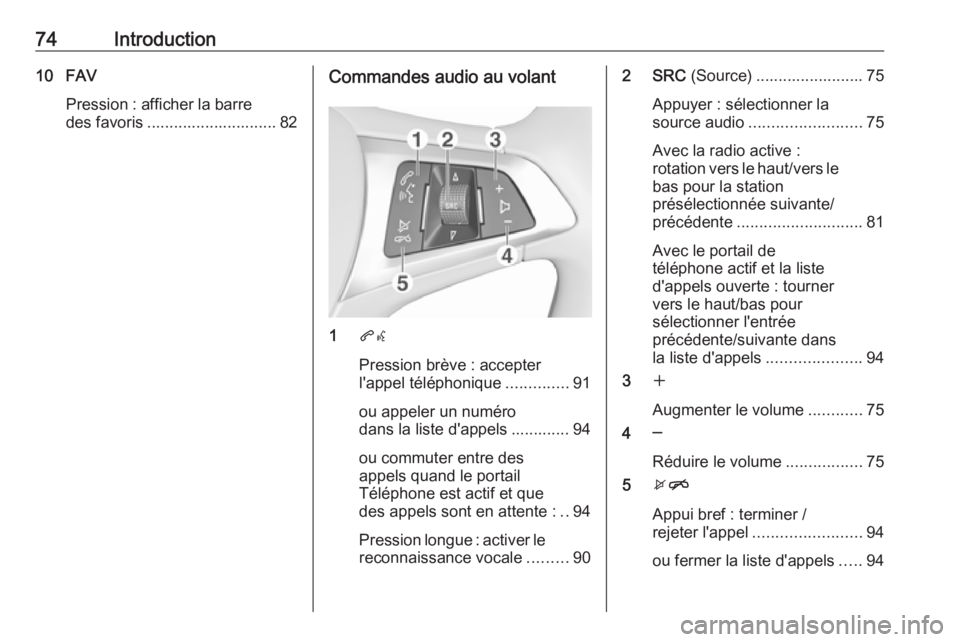 OPEL KARL 2018.5 Manuel multimédia (in French) 74Introduction10 FAVPression : afficher la barre
des favoris ............................. 82Commandes audio au volant
1 qw
Pression brève : accepter
l'appel téléphonique ..............91
ou ap OPEL KARL 2018.5 Manuel multimédia (in French) 74Introduction10 FAVPression : afficher la barre
des favoris ............................. 82Commandes audio au volant
1 qw
Pression brève : accepter
l'appel téléphonique ..............91
ou ap