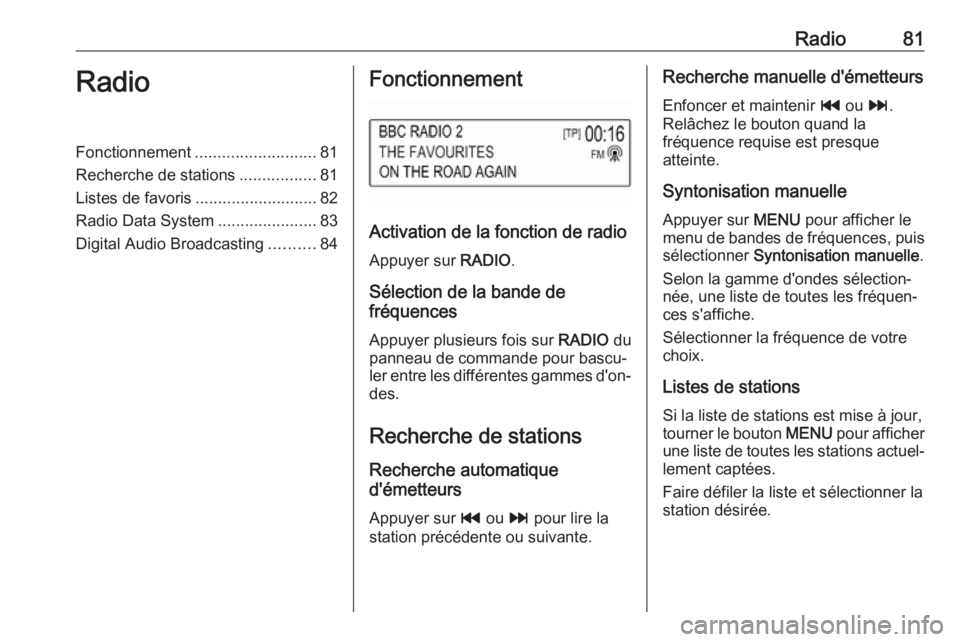 OPEL KARL 2018.5 Manuel multimédia (in French) Radio81RadioFonctionnement........................... 81
Recherche de stations .................81
Listes de favoris ........................... 82
Radio Data System ......................83
Digital A OPEL KARL 2018.5 Manuel multimédia (in French) Radio81RadioFonctionnement........................... 81
Recherche de stations .................81
Listes de favoris ........................... 82
Radio Data System ......................83
Digital A