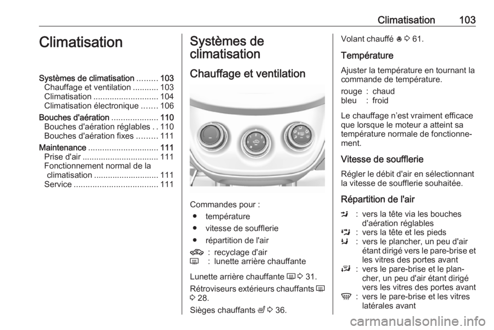 OPEL KARL 2018.5 Manuel dutilisation (in French) Climatisation103ClimatisationSystèmes de climatisation.........103
Chauffage et ventilation ...........103
Climatisation ............................ 104
Climatisation électronique .......106
Bouche OPEL KARL 2018.5 Manuel dutilisation (in French) Climatisation103ClimatisationSystèmes de climatisation.........103
Chauffage et ventilation ...........103
Climatisation ............................ 104
Climatisation électronique .......106
Bouche