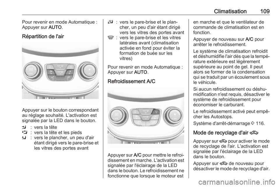 OPEL KARL 2018.5 Manuel dutilisation (in French) Climatisation109Pour revenir en mode Automatique :
Appuyer sur AUTO.
Répartition de l'air
Appuyer sur le bouton correspondant
au réglage souhaité. L'activation est
signalée par la LED dan OPEL KARL 2018.5 Manuel dutilisation (in French) Climatisation109Pour revenir en mode Automatique :
Appuyer sur AUTO.
Répartition de l'air
Appuyer sur le bouton correspondant
au réglage souhaité. L'activation est
signalée par la LED dan