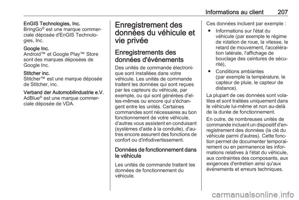 OPEL KARL 2018.5 Manuel dutilisation (in French) Informations au client207EnGIS Technologies, Inc.
BringGo ®
est une marque commer‐
ciale déposée d'EnGIS Technolo‐
gies, Inc.Google Inc.
Android™ et Google Play™ Store sont des marques OPEL KARL 2018.5 Manuel dutilisation (in French) Informations au client207EnGIS Technologies, Inc.
BringGo ®
est une marque commer‐
ciale déposée d'EnGIS Technolo‐
gies, Inc.Google Inc.
Android™ et Google Play™ Store sont des marques