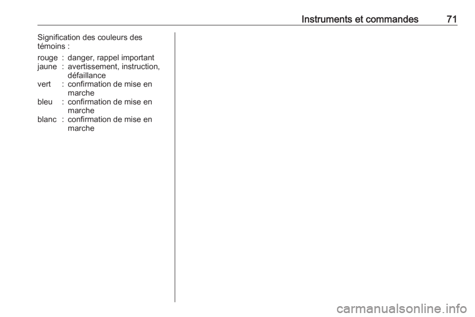 OPEL KARL 2018.5 Manuel dutilisation (in French) Instruments et commandes71Signification des couleurs des
témoins :rouge:danger, rappel importantjaune:avertissement, instruction,
défaillancevert:confirmation de mise en
marchebleu:confirmation de m OPEL KARL 2018.5 Manuel dutilisation (in French) Instruments et commandes71Signification des couleurs des
témoins :rouge:danger, rappel importantjaune:avertissement, instruction,
défaillancevert:confirmation de mise en
marchebleu:confirmation de m