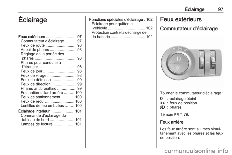 OPEL KARL 2018.5 Manuel dutilisation (in French) Éclairage97ÉclairageFeux extérieurs............................ 97
Commutateur d'éclairage ..........97
Feux de route ............................ 98
Appel de phares ........................98 OPEL KARL 2018.5 Manuel dutilisation (in French) Éclairage97ÉclairageFeux extérieurs............................ 97
Commutateur d'éclairage ..........97
Feux de route ............................ 98
Appel de phares ........................98