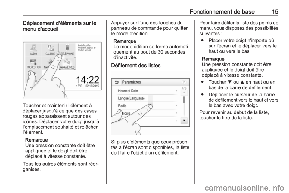 OPEL KARL 2019  Manuel multimédia (in French) Fonctionnement de base15Déplacement d'éléments sur le
menu d'accueil
Toucher et maintenir l'élément à
déplacer jusqu'à ce que des cases
rouges apparaissent autour des
icônes. 