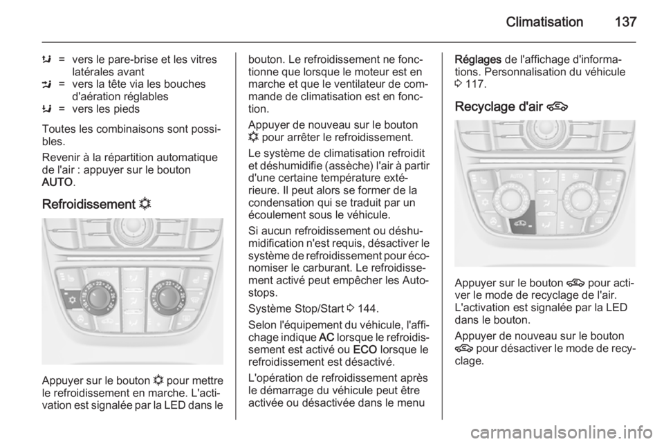 OPEL MERIVA 2014.5 Manuel dutilisation (in French) Climatisation137
s=vers le pare-brise et les vitres
latérales avantM=vers la tête via les bouches
d'aération réglablesK=vers les pieds
Toutes les combinaisons sont possi‐
bles.
Revenir à la OPEL MERIVA 2014.5 Manuel dutilisation (in French) Climatisation137
s=vers le pare-brise et les vitres
latérales avantM=vers la tête via les bouches
d'aération réglablesK=vers les pieds
Toutes les combinaisons sont possi‐
bles.
Revenir à la