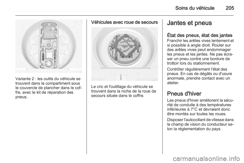 OPEL MERIVA 2015 Manuel dutilisation (in French) Soins du véhicule205
Variante 2 : les outils du véhicule se
trouvent dans le compartiment sous
le couvercle de plancher dans le cof‐
fre, avec le kit de réparation des pneus.
Véhicules avec roue OPEL MERIVA 2015 Manuel dutilisation (in French) Soins du véhicule205
Variante 2 : les outils du véhicule se
trouvent dans le compartiment sous
le couvercle de plancher dans le cof‐
fre, avec le kit de réparation des pneus.
Véhicules avec roue
