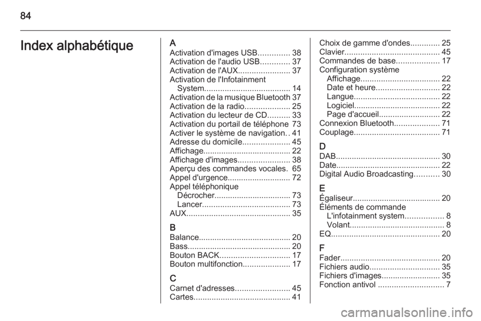 OPEL MERIVA 2015.5 Manuel multimédia (in French) 84Index alphabétiqueAActivation d'images USB ..............38
Activation de l'audio USB .............37
Activation de l'AUX .......................37
Activation de l'Infotainment Syst OPEL MERIVA 2015.5 Manuel multimédia (in French) 84Index alphabétiqueAActivation d'images USB ..............38
Activation de l'audio USB .............37
Activation de l'AUX .......................37
Activation de l'Infotainment Syst