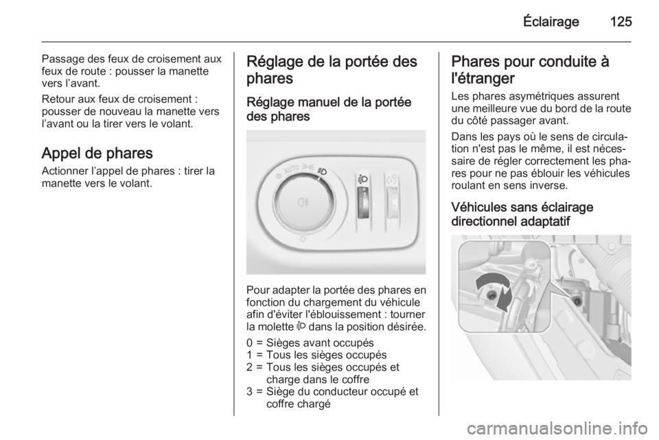 OPEL MERIVA 2015.5  Manuel dutilisation (in French) Éclairage125
Passage des feux de croisement auxfeux de route : pousser la manette
vers l’avant.
Retour aux feux de croisement :
pousser de nouveau la manette vers
l’avant ou la tirer vers le vola