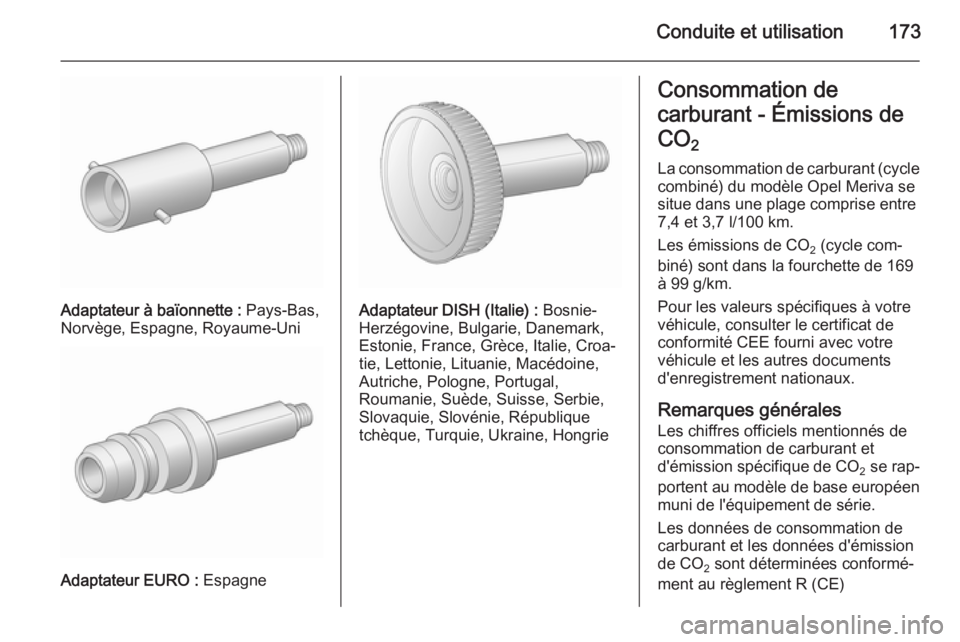 OPEL MERIVA 2015.5 Manuel dutilisation (in French) Conduite et utilisation173
Adaptateur à baïonnette : Pays-Bas,
Norvège, Espagne, Royaume-Uni
Adaptateur EURO : Espagne
Adaptateur DISH (Italie) : Bosnie-
Herzégovine, Bulgarie, Danemark,
Estonie OPEL MERIVA 2015.5 Manuel dutilisation (in French) Conduite et utilisation173
Adaptateur à baïonnette : Pays-Bas,
Norvège, Espagne, Royaume-Uni
Adaptateur EURO : Espagne
Adaptateur DISH (Italie) : Bosnie-
Herzégovine, Bulgarie, Danemark,
Estonie