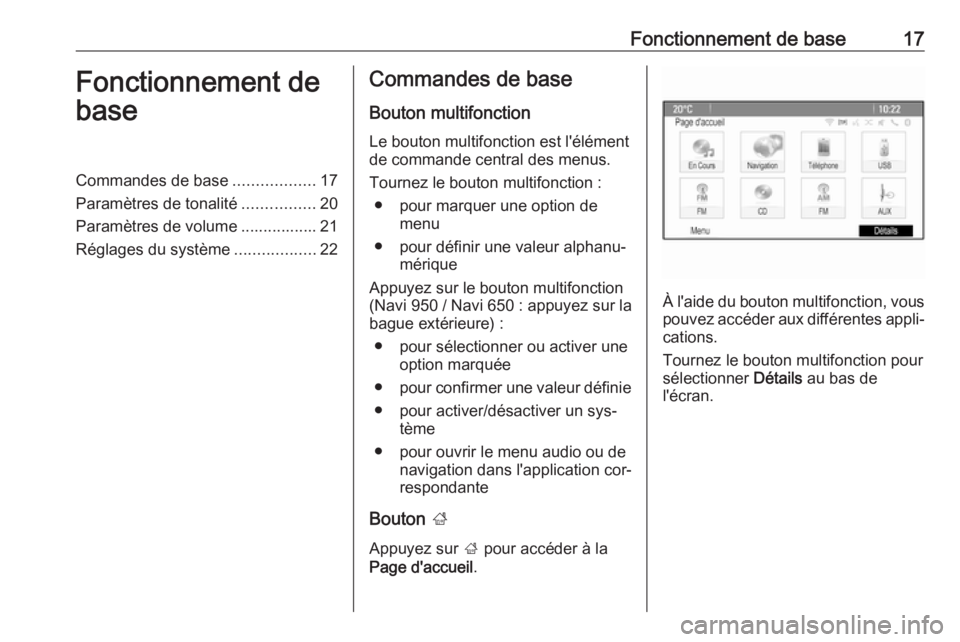 OPEL MERIVA 2016 Manuel multimédia (in French) Fonctionnement de base17Fonctionnement de
baseCommandes de base ..................17
Paramètres de tonalité ................20
Paramètres de volume ................. 21
Réglages du système ...... OPEL MERIVA 2016 Manuel multimédia (in French) Fonctionnement de base17Fonctionnement de
baseCommandes de base ..................17
Paramètres de tonalité ................20
Paramètres de volume ................. 21
Réglages du système ......