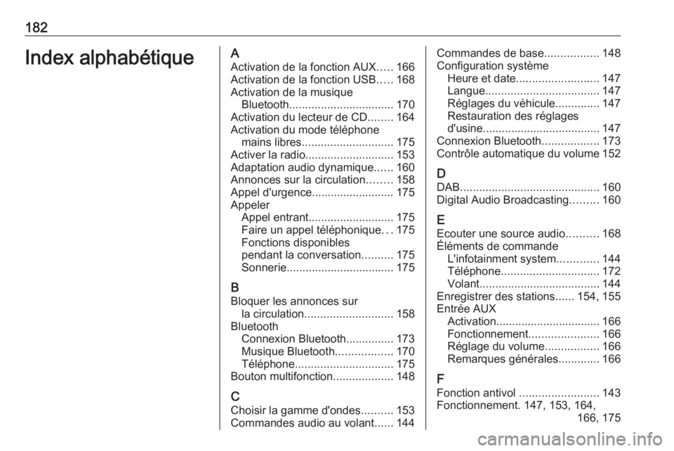 OPEL MERIVA 2016 Manuel multimédia (in French) 182Index alphabétiqueAActivation de la fonction AUX .....166
Activation de la fonction USB .....168
Activation de la musique Bluetooth ................................. 170
Activation du lecteur de C OPEL MERIVA 2016 Manuel multimédia (in French) 182Index alphabétiqueAActivation de la fonction AUX .....166
Activation de la fonction USB .....168
Activation de la musique Bluetooth ................................. 170
Activation du lecteur de C