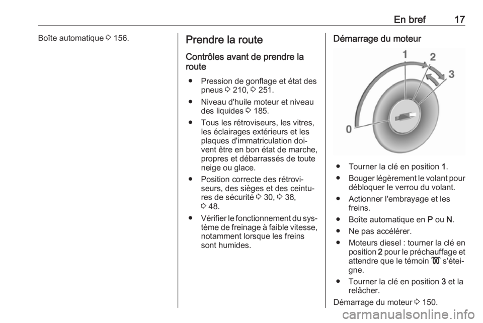 OPEL MERIVA 2016 Manuel dutilisation (in French) En bref17Boîte automatique 3 156.Prendre la route
Contrôles avant de prendre la
route
● Pression de gonflage et état des pneus 3 210, 3 251.
● Niveau d'huile moteur et niveau des liquides OPEL MERIVA 2016 Manuel dutilisation (in French) En bref17Boîte automatique 3 156.Prendre la route
Contrôles avant de prendre la
route
● Pression de gonflage et état des pneus 3 210, 3 251.
● Niveau d'huile moteur et niveau des liquides