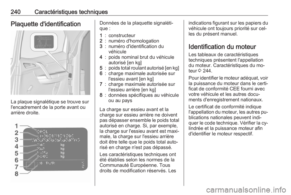 OPEL MERIVA 2016  Manuel dutilisation (in French) 240Caractéristiques techniquesPlaquette d'identification
La plaque signalétique se trouve sur
l'encadrement de la porte avant ou arrière droite.
Données de la plaquette signaléti‐
que :