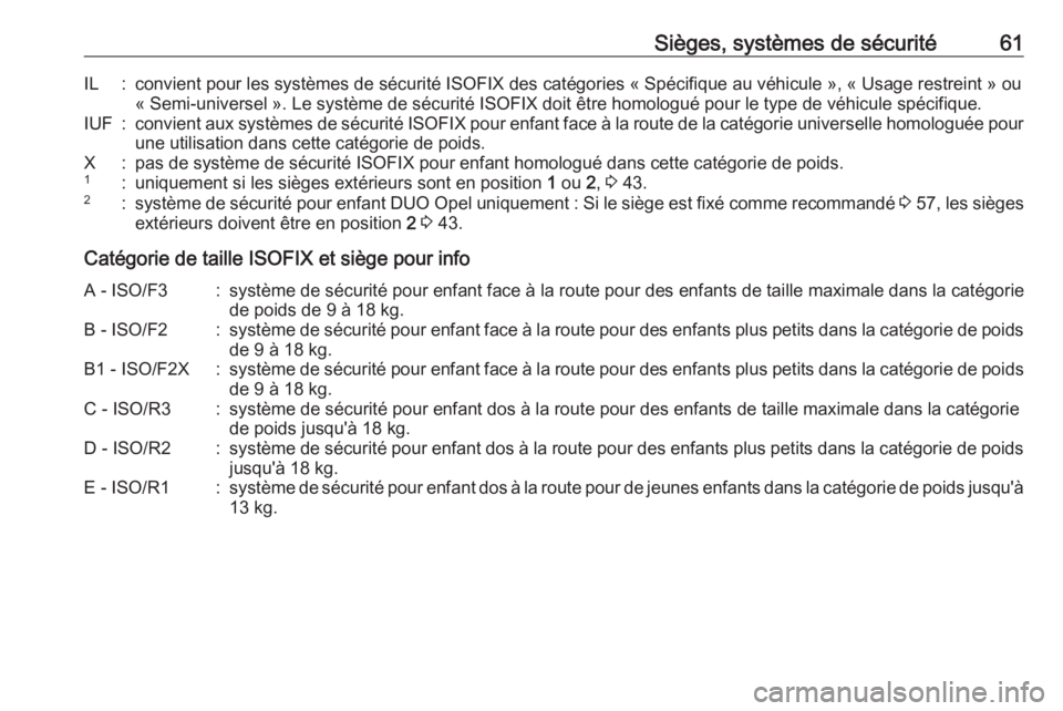 OPEL MERIVA 2016 Manuel dutilisation (in French) Sièges, systèmes de sécurité61IL:convient pour les systèmes de sécurité ISOFIX des catégories « Spécifique au véhicule », « Usage restreint » ou« Semi-universel ». Le système de sécu OPEL MERIVA 2016 Manuel dutilisation (in French) Sièges, systèmes de sécurité61IL:convient pour les systèmes de sécurité ISOFIX des catégories « Spécifique au véhicule », « Usage restreint » ou« Semi-universel ». Le système de sécu