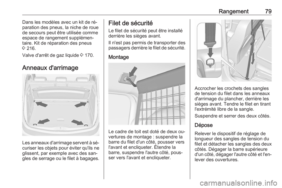 OPEL MERIVA 2016.5  Manuel dutilisation (in French) Rangement79Dans les modèles avec un kit de ré‐
paration des pneus, la niche de roue
de secours peut être utilisée comme
espace de rangement supplémen‐
taire. Kit de réparation des pneus
3  2