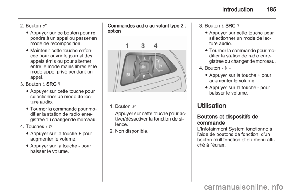 OPEL MOKKA 2014 Manuel multimédia (in French) Introduction185
2. Bouton q
◆ Appuyer sur ce bouton pour ré‐ pondre à un appel ou passer enmode de recomposition.
◆ Maintenir cette touche enfon‐ cée pour ouvrir le journal des
appels émis OPEL MOKKA 2014 Manuel multimédia (in French) Introduction185
2. Bouton q
◆ Appuyer sur ce bouton pour ré‐ pondre à un appel ou passer enmode de recomposition.
◆ Maintenir cette touche enfon‐ cée pour ouvrir le journal des
appels émis