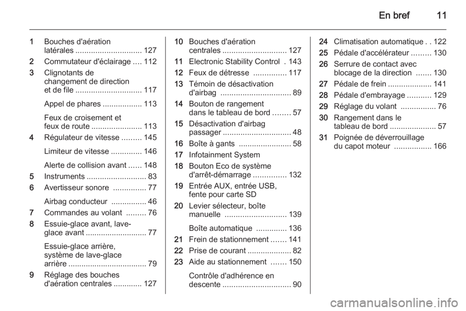 OPEL MOKKA 2014  Manuel dutilisation (in French) En bref11
1Bouches d'aération
latérales .............................. 127
2 Commutateur d'éclairage ....112
3 Clignotants de
changement de direction
et de file ............................