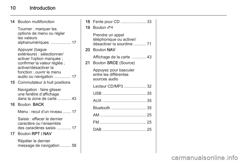 OPEL MOKKA 2014.5  Manuel multimédia (in French) 10Introduction
14Bouton multifonction
Tourner : marquer les
options de menu ou régler
les valeurs
alphanumériques  .................17
Appuyer (bague
extérieure) : sélectionner/
activer l'opti