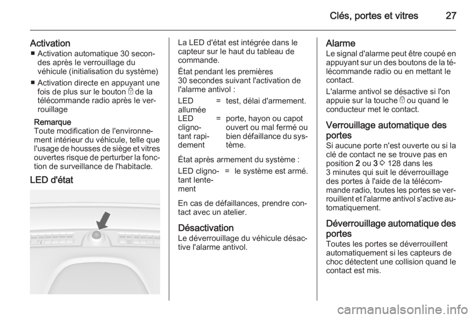 OPEL MOKKA 2014.5 Manuel dutilisation (in French) Clés, portes et vitres27
Activation■ Activation automatique 30 secon‐ des après le verrouillage du
véhicule (initialisation du système)
■ Activation directe en appuyant une fois de plus sur OPEL MOKKA 2014.5 Manuel dutilisation (in French) Clés, portes et vitres27
Activation■ Activation automatique 30 secon‐ des après le verrouillage du
véhicule (initialisation du système)
■ Activation directe en appuyant une fois de plus sur