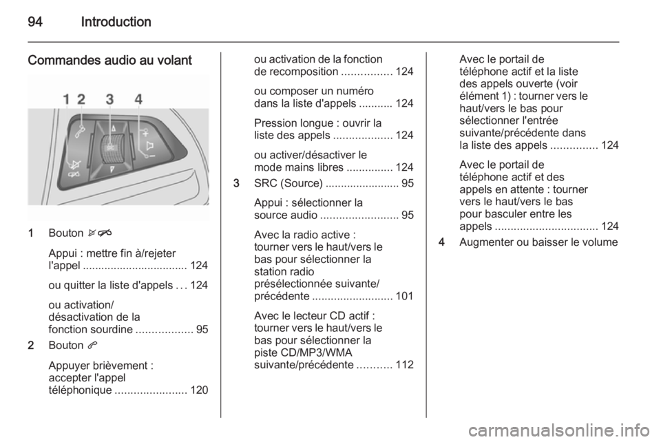 OPEL MOKKA 2015 Manuel multimédia (in French) 94Introduction
Commandes audio au volant
1Bouton xn
Appui : mettre fin à/rejeter
l'appel .................................. 124
ou quitter la liste d'appels ...124
ou activation/
désactivat OPEL MOKKA 2015 Manuel multimédia (in French) 94Introduction
Commandes audio au volant
1Bouton xn
Appui : mettre fin à/rejeter
l'appel .................................. 124
ou quitter la liste d'appels ...124
ou activation/
désactivat