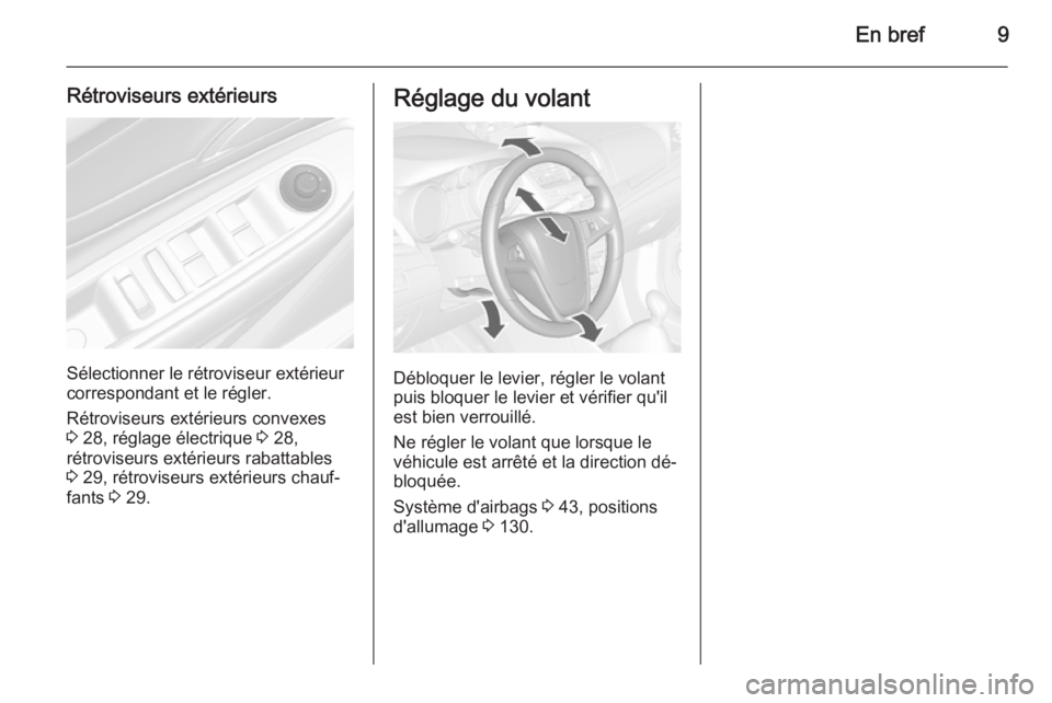OPEL MOKKA 2015  Manuel dutilisation (in French) En bref9
Rétroviseurs extérieurs
Sélectionner le rétroviseur extérieur
correspondant et le régler.
Rétroviseurs extérieurs convexes
3  28, réglage électrique  3 28,
rétroviseurs extérieurs