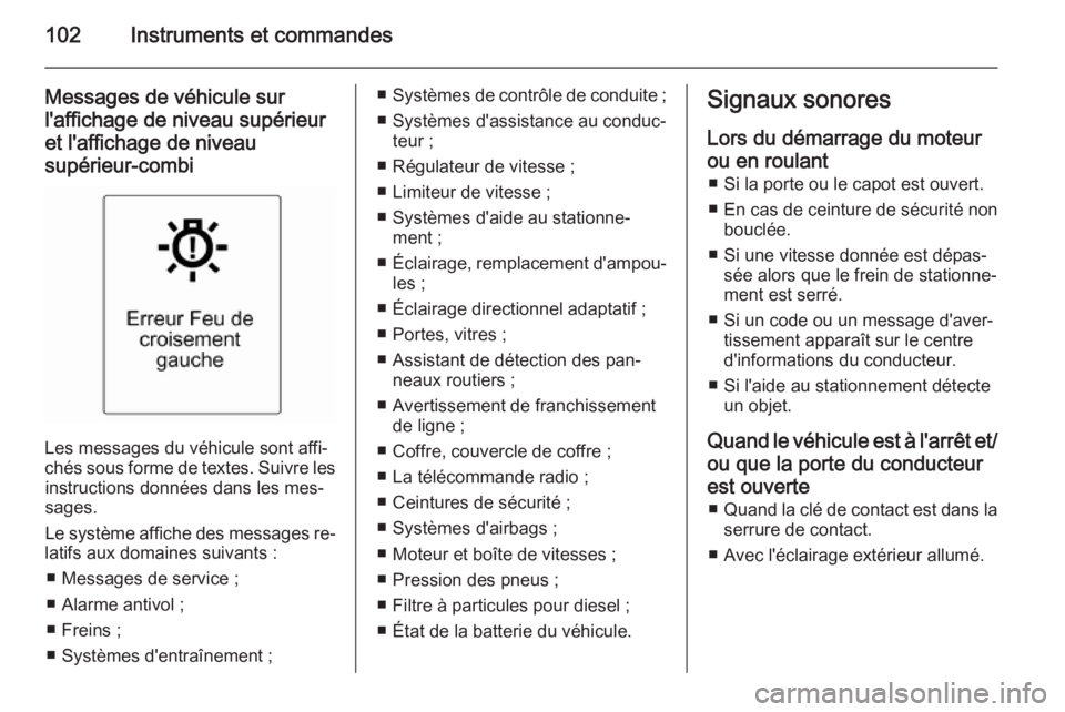 OPEL MOKKA 2015 Manuel dutilisation (in French) 102Instruments et commandes
Messages de véhicule sur
l'affichage de niveau supérieur et l'affichage de niveau
supérieur-combi
Les messages du véhicule sont affi‐
chés sous forme de text OPEL MOKKA 2015 Manuel dutilisation (in French) 102Instruments et commandes
Messages de véhicule sur
l'affichage de niveau supérieur et l'affichage de niveau
supérieur-combi
Les messages du véhicule sont affi‐
chés sous forme de text