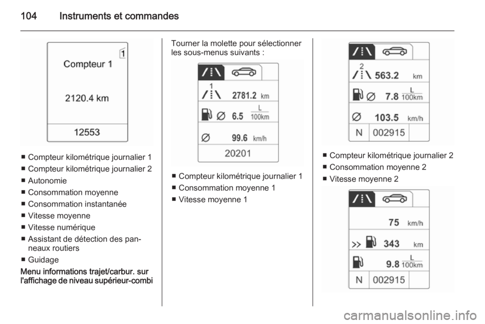 OPEL MOKKA 2015  Manuel dutilisation (in French) 104Instruments et commandes
■ Compteur kilométrique journalier 1
■ Compteur kilométrique journalier 2
■ Autonomie
■ Consommation moyenne
■ Consommation instantanée
■ Vitesse moyenne
■
