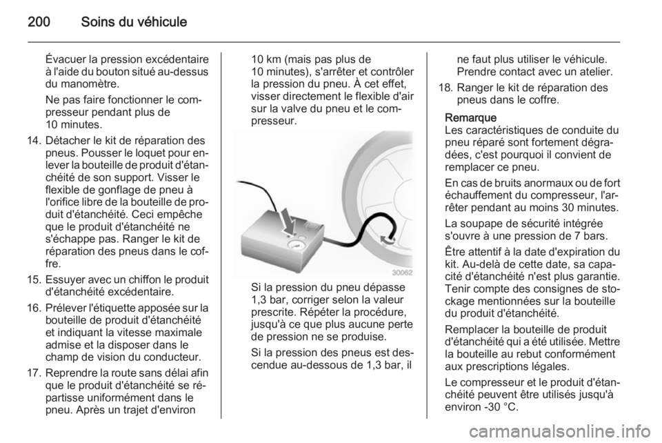 OPEL MOKKA 2015 Manuel dutilisation (in French) 200Soins du véhicule
Évacuer la pression excédentaire
à l'aide du bouton situé au-dessus du manomètre.
Ne pas faire fonctionner le com‐
presseur pendant plus de
10 minutes.
14. Détacher l OPEL MOKKA 2015 Manuel dutilisation (in French) 200Soins du véhicule
Évacuer la pression excédentaire
à l'aide du bouton situé au-dessus du manomètre.
Ne pas faire fonctionner le com‐
presseur pendant plus de
10 minutes.
14. Détacher l