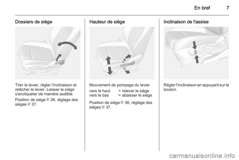 OPEL MOKKA 2015  Manuel dutilisation (in French) En bref7
Dossiers de siège
Tirer le levier, régler l'inclinaison et
relâcher le levier. Laisser le siège
s'encliqueter de manière audible.
Position de siège  3 36, réglage des
sièges  