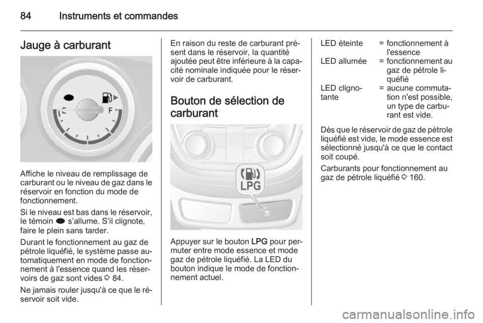 OPEL MOKKA 2015 Manuel dutilisation (in French) 84Instruments et commandesJauge à carburant
Affiche le niveau de remplissage de
carburant ou le niveau de gaz dans le
réservoir en fonction du mode de
fonctionnement.
Si le niveau est bas dans le r OPEL MOKKA 2015 Manuel dutilisation (in French) 84Instruments et commandesJauge à carburant
Affiche le niveau de remplissage de
carburant ou le niveau de gaz dans le
réservoir en fonction du mode de
fonctionnement.
Si le niveau est bas dans le r