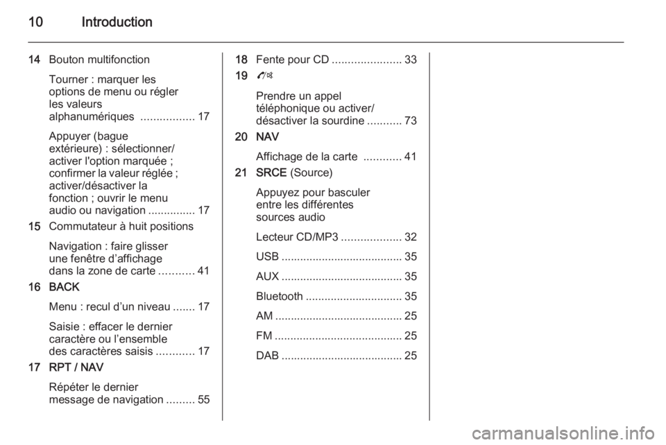 OPEL MOKKA 2015.5  Manuel multimédia (in French) 10Introduction
14Bouton multifonction
Tourner : marquer les
options de menu ou régler
les valeurs
alphanumériques  .................17
Appuyer (bague
extérieure) : sélectionner/
activer l'opti