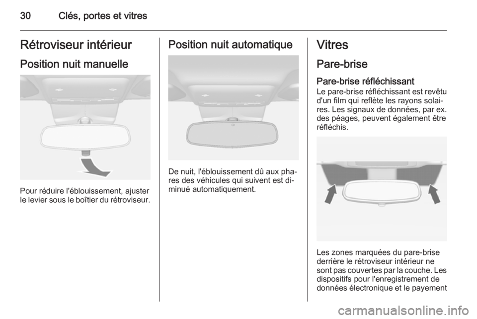 OPEL MOKKA 2015.5  Manuel dutilisation (in French) 30Clés, portes et vitresRétroviseur intérieurPosition nuit manuelle
Pour réduire l'éblouissement, ajuster
le levier sous le boîtier du rétroviseur.
Position nuit automatique
De nuit, l'