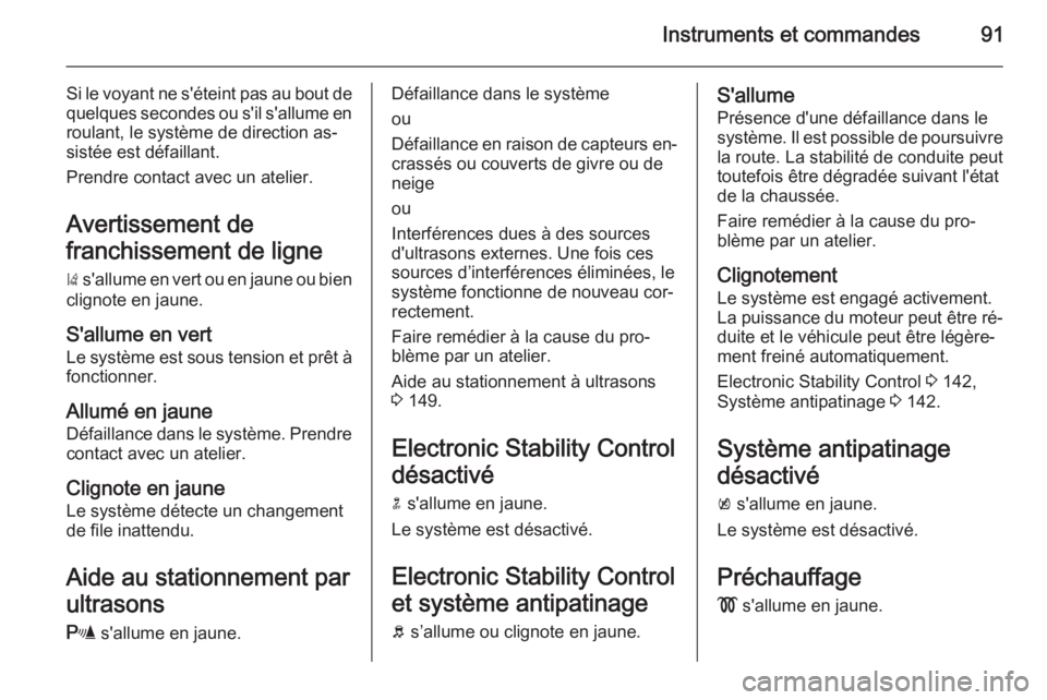 OPEL MOKKA 2015.5 Manuel dutilisation (in French) Instruments et commandes91
Si le voyant ne s'éteint pas au bout de
quelques secondes ou s'il s'allume en roulant, le système de direction as‐
sistée est défaillant.
Prendre contact a OPEL MOKKA 2015.5 Manuel dutilisation (in French) Instruments et commandes91
Si le voyant ne s'éteint pas au bout de
quelques secondes ou s'il s'allume en roulant, le système de direction as‐
sistée est défaillant.
Prendre contact a