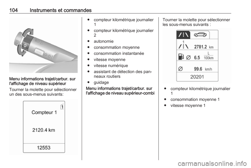 OPEL MOKKA 2016 Manuel dutilisation (in French) 104Instruments et commandes
Menu informations trajet/carbur. sur
l'affichage de niveau supérieur
Tourner la molette pour sélectionner
un des sous-menus suivants:
● compteur kilométrique journ OPEL MOKKA 2016 Manuel dutilisation (in French) 104Instruments et commandes
Menu informations trajet/carbur. sur
l'affichage de niveau supérieur
Tourner la molette pour sélectionner
un des sous-menus suivants:
● compteur kilométrique journ
