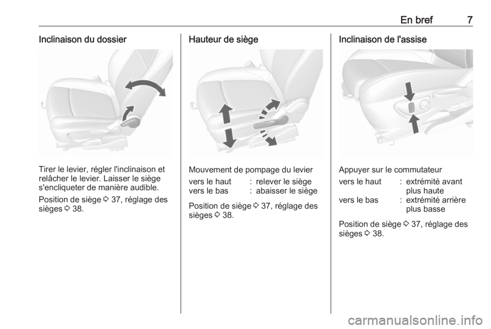 OPEL MOKKA 2016  Manuel dutilisation (in French) En bref7Inclinaison du dossier
Tirer le levier, régler l'inclinaison et
relâcher le levier. Laisser le siège
s'encliqueter de manière audible.
Position de siège  3 37, réglage des
siège