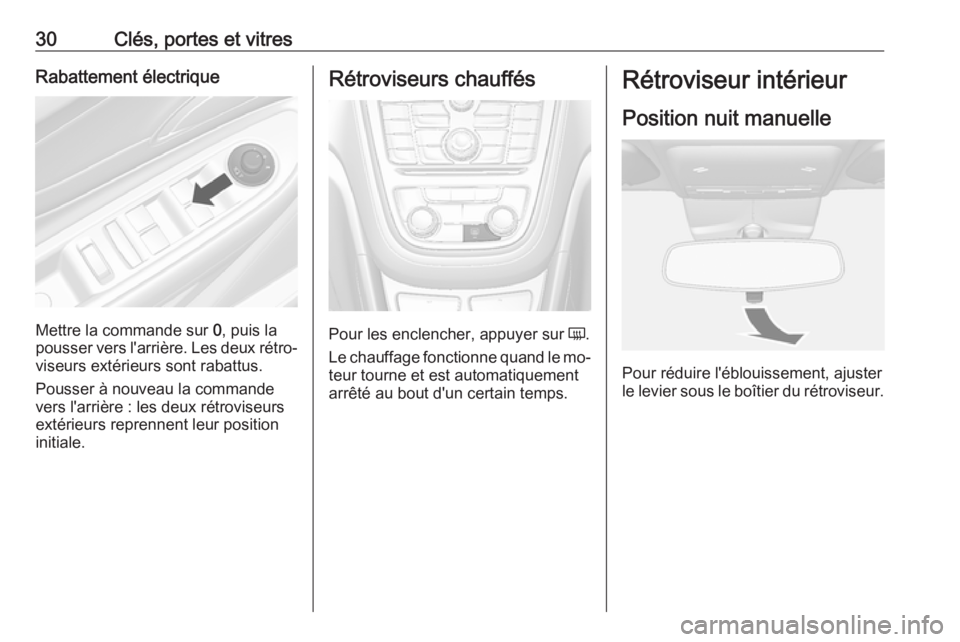 OPEL MOKKA 2016.5  Manuel dutilisation (in French) 30Clés, portes et vitresRabattement électrique
Mettre la commande sur 0, puis la
pousser vers l'arrière. Les deux rétro‐ viseurs extérieurs sont rabattus.
Pousser à nouveau la commande
ver
