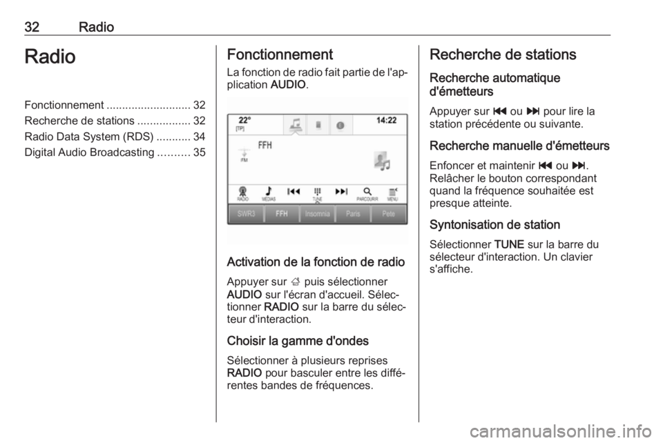 OPEL MOKKA X 2017 Manuel multimédia (in French) 32RadioRadioFonctionnement........................... 32
Recherche de stations .................32
Radio Data System (RDS) ...........34
Digital Audio Broadcasting ..........35Fonctionnement
La foncti OPEL MOKKA X 2017 Manuel multimédia (in French) 32RadioRadioFonctionnement........................... 32
Recherche de stations .................32
Radio Data System (RDS) ...........34
Digital Audio Broadcasting ..........35Fonctionnement
La foncti