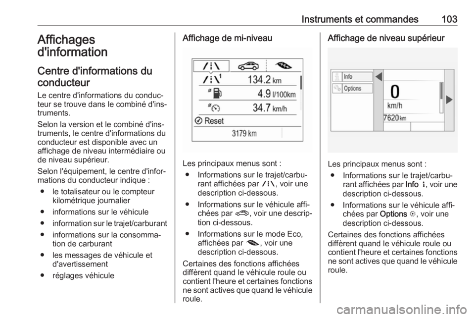 OPEL MOKKA X 2018 Manuel multimédia (in French) Instruments et commandes103Affichages
d'information
Centre d'informations du
conducteur
Le centre d'informations du conduc‐
teur se trouve dans le combiné d'ins‐
truments.
Selon l OPEL MOKKA X 2018 Manuel multimédia (in French) Instruments et commandes103Affichages
d'information
Centre d'informations du
conducteur
Le centre d'informations du conduc‐
teur se trouve dans le combiné d'ins‐
truments.
Selon l