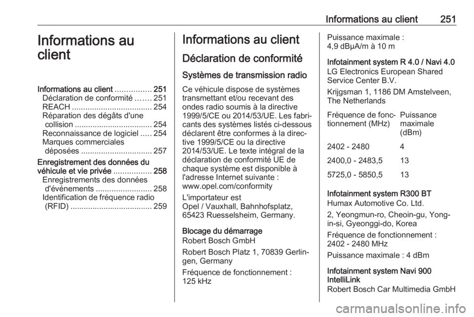 OPEL MOKKA X 2018 Manuel multimédia (in French) Informations au client251Informations au
clientInformations au client ................251
Déclaration de conformité .......251
REACH .................................... 254
Réparation des dégâts OPEL MOKKA X 2018 Manuel multimédia (in French) Informations au client251Informations au
clientInformations au client ................251
Déclaration de conformité .......251
REACH .................................... 254
Réparation des dégâts