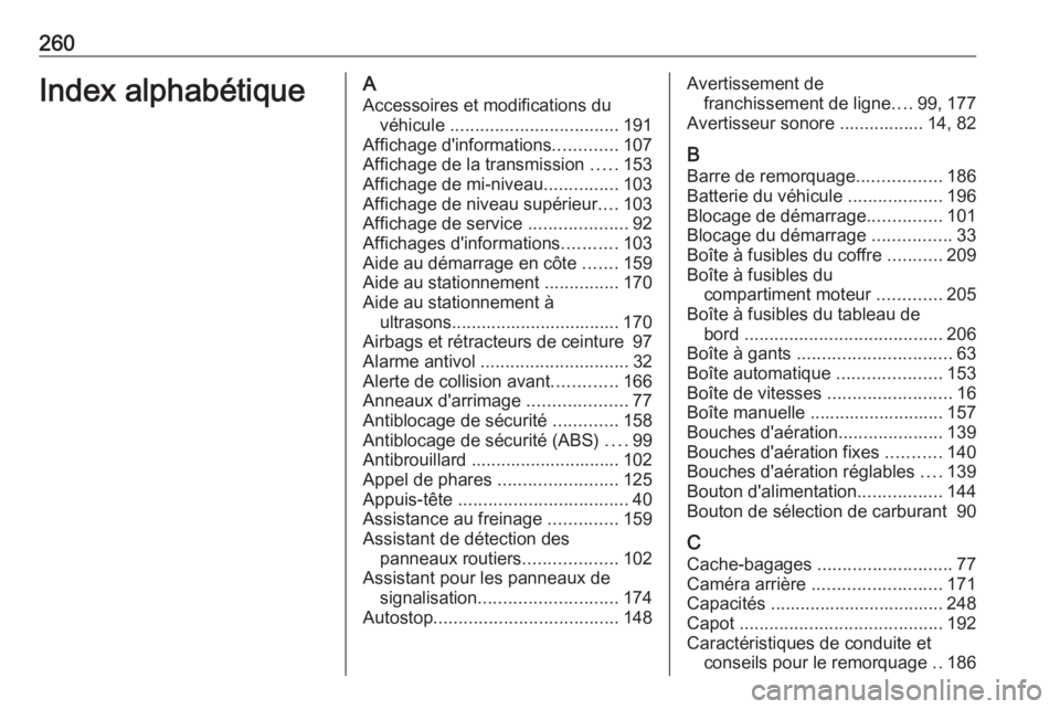 OPEL MOKKA X 2018 Manuel multimédia (in French) 260Index alphabétiqueAAccessoires et modifications du véhicule .................................. 191
Affichage d'informations .............107
Affichage de la transmission .....153
Affichage OPEL MOKKA X 2018 Manuel multimédia (in French) 260Index alphabétiqueAAccessoires et modifications du véhicule .................................. 191
Affichage d'informations .............107
Affichage de la transmission .....153
Affichage