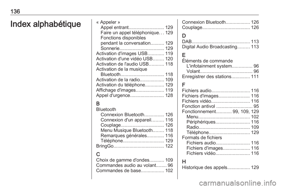 OPEL MOKKA X 2018 Manuel dutilisation (in French) 136Index alphabétique« Appeler »Appel entrant ........................... 129
Faire un appel téléphonique ...129
Fonctions disponibles
pendant la conversation ..........129
Sonnerie ............. OPEL MOKKA X 2018 Manuel dutilisation (in French) 136Index alphabétique« Appeler »Appel entrant ........................... 129
Faire un appel téléphonique ...129
Fonctions disponibles
pendant la conversation ..........129
Sonnerie .............