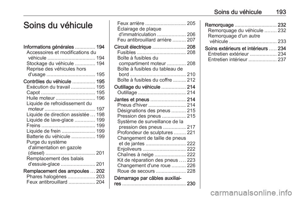 OPEL MOKKA X 2018.5 Manuel multimédia (in French) Soins du véhicule193Soins du véhiculeInformations générales..............194
Accessoires et modifications du véhicule .................................. 194
Stockage du véhicule ..............19 OPEL MOKKA X 2018.5 Manuel multimédia (in French) Soins du véhicule193Soins du véhiculeInformations générales..............194
Accessoires et modifications du véhicule .................................. 194
Stockage du véhicule ..............19