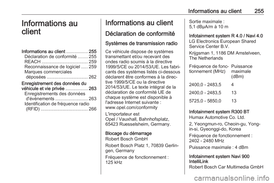 OPEL MOKKA X 2018.5 Manuel multimédia (in French) Informations au client255Informations au
clientInformations au client ................255
Déclaration de conformité .......255
REACH .................................... 259
Reconnaissance de logici OPEL MOKKA X 2018.5 Manuel multimédia (in French) Informations au client255Informations au
clientInformations au client ................255
Déclaration de conformité .......255
REACH .................................... 259
Reconnaissance de logici