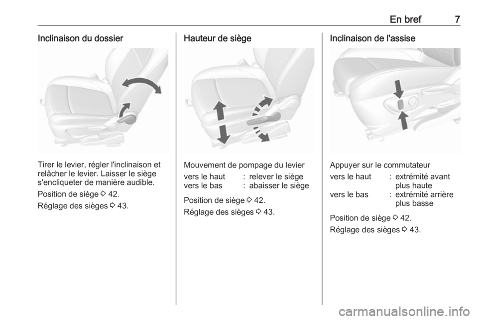 OPEL MOKKA X 2019.5  Manuel dutilisation (in French) En bref7Inclinaison du dossier
Tirer le levier, régler l'inclinaison et
relâcher le levier. Laisser le siège
s'encliqueter de manière audible.
Position de siège  3 42.
Réglage des siège