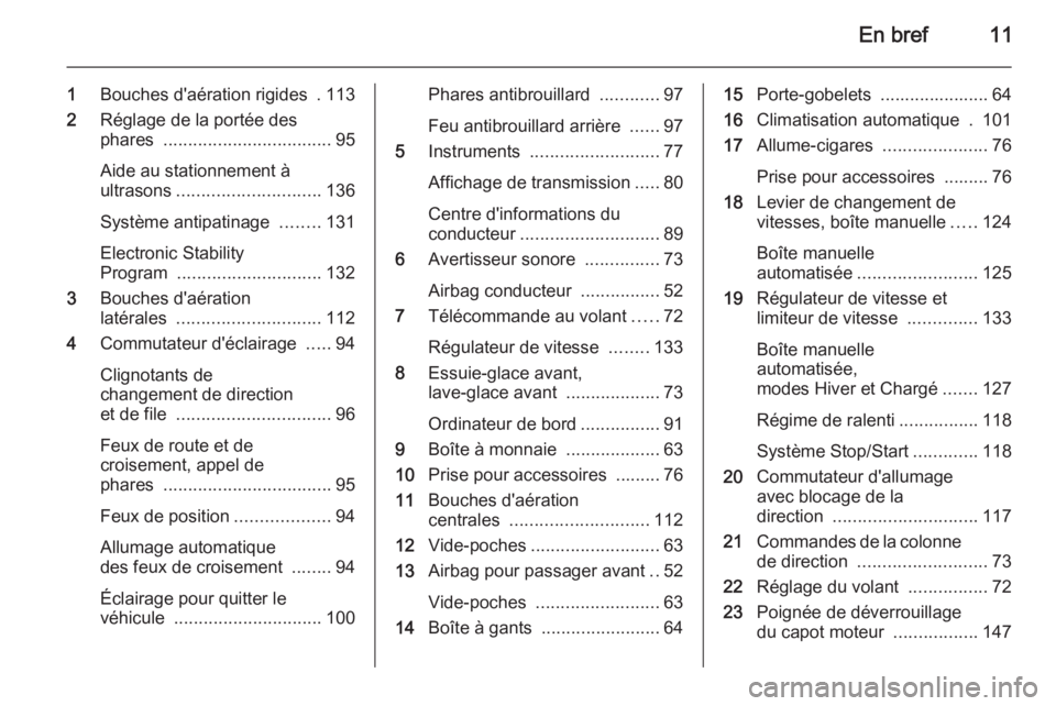 OPEL MOVANO_B 2015  Manuel dutilisation (in French) En bref11
1Bouches d'aération rigides  . 113
2 Réglage de la portée des
phares  .................................. 95
Aide au stationnement à
ultrasons ............................. 136
Systè