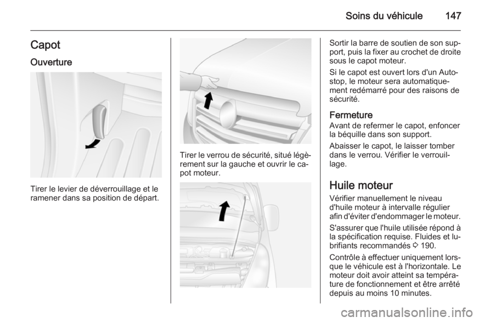 OPEL MOVANO_B 2015 Manuel dutilisation (in French) Soins du véhicule147CapotOuverture
Tirer le levier de déverrouillage et le
ramener dans sa position de départ.
Tirer le verrou de sécurité, situé légè‐ rement sur la gauche et ouvrir le ca OPEL MOVANO_B 2015 Manuel dutilisation (in French) Soins du véhicule147CapotOuverture
Tirer le levier de déverrouillage et le
ramener dans sa position de départ.
Tirer le verrou de sécurité, situé légè‐ rement sur la gauche et ouvrir le ca