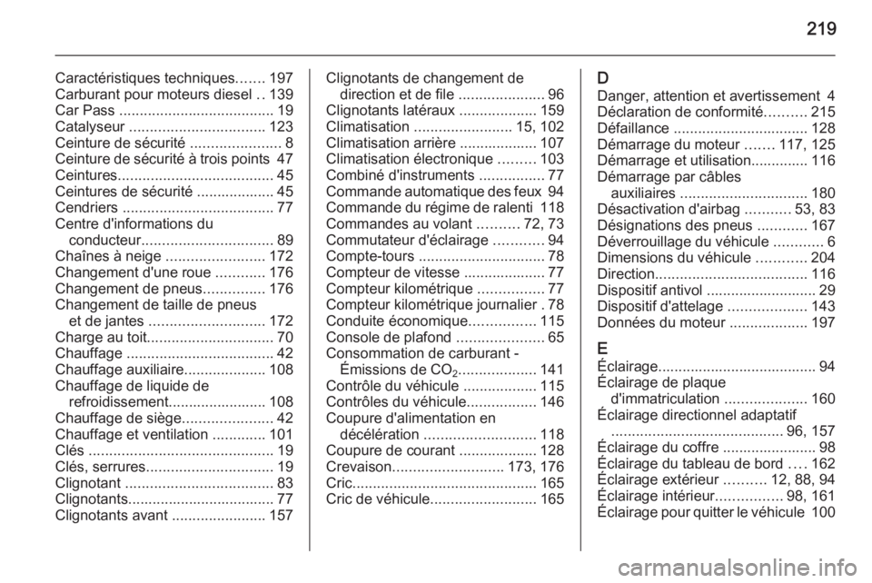 OPEL MOVANO_B 2015  Manuel dutilisation (in French) 219
Caractéristiques techniques.......197
Carburant pour moteurs diesel  ..139
Car Pass  ...................................... 19
Catalyseur  ................................. 123
Ceinture de sécur