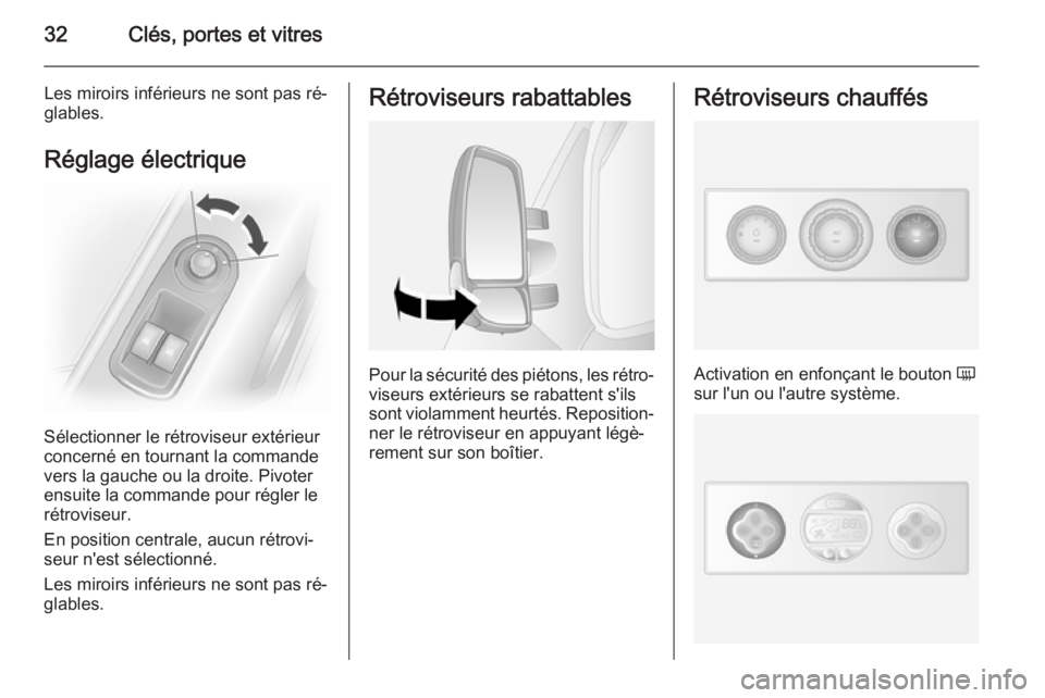 OPEL MOVANO_B 2015  Manuel dutilisation (in French) 32Clés, portes et vitres
Les miroirs inférieurs ne sont pas ré‐
glables.
Réglage électrique
Sélectionner le rétroviseur extérieur
concerné en tournant la commande
vers la gauche ou la droit
