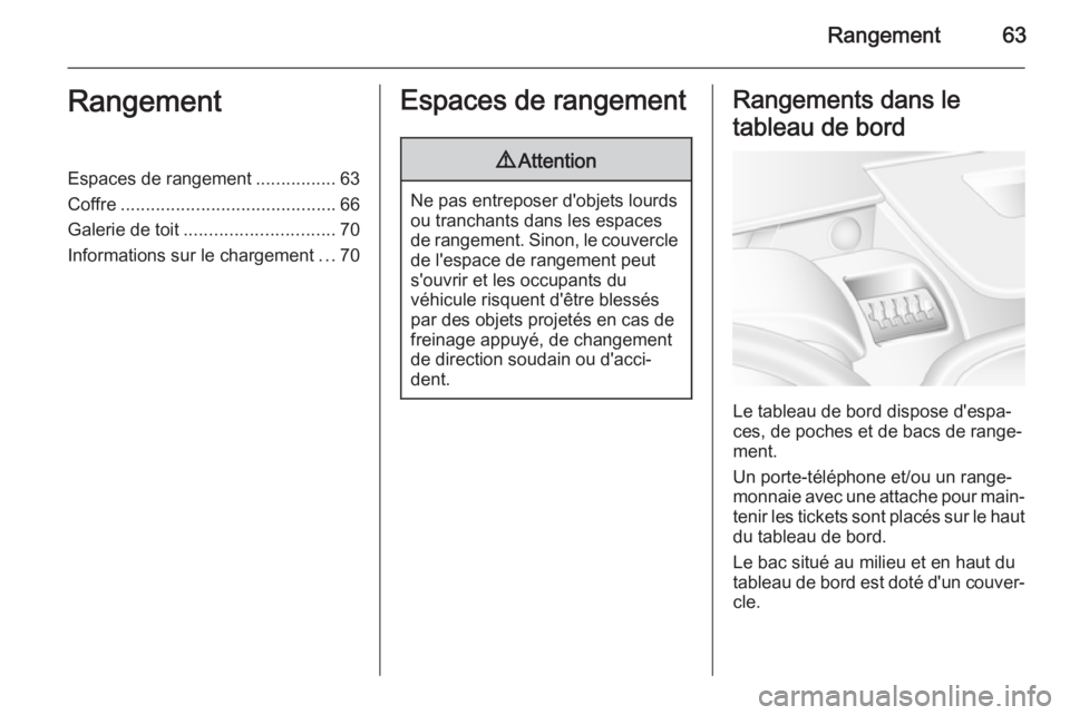 OPEL MOVANO_B 2015  Manuel dutilisation (in French) Rangement63RangementEspaces de rangement................63
Coffre ........................................... 66
Galerie de toit .............................. 70
Informations sur le chargement ...70E