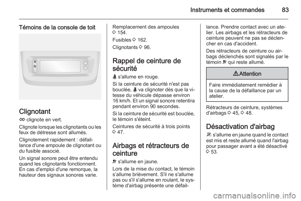 OPEL MOVANO_B 2015 Manuel dutilisation (in French) Instruments et commandes83
Témoins de la console de toit
Clignotant
O clignote en vert.
Clignote lorsque les clignotants ou les feux de détresse sont allumés.
Clignotement rapidement : défail‐
OPEL MOVANO_B 2015 Manuel dutilisation (in French) Instruments et commandes83
Témoins de la console de toit
Clignotant
O clignote en vert.
Clignote lorsque les clignotants ou les feux de détresse sont allumés.
Clignotement rapidement : défail‐